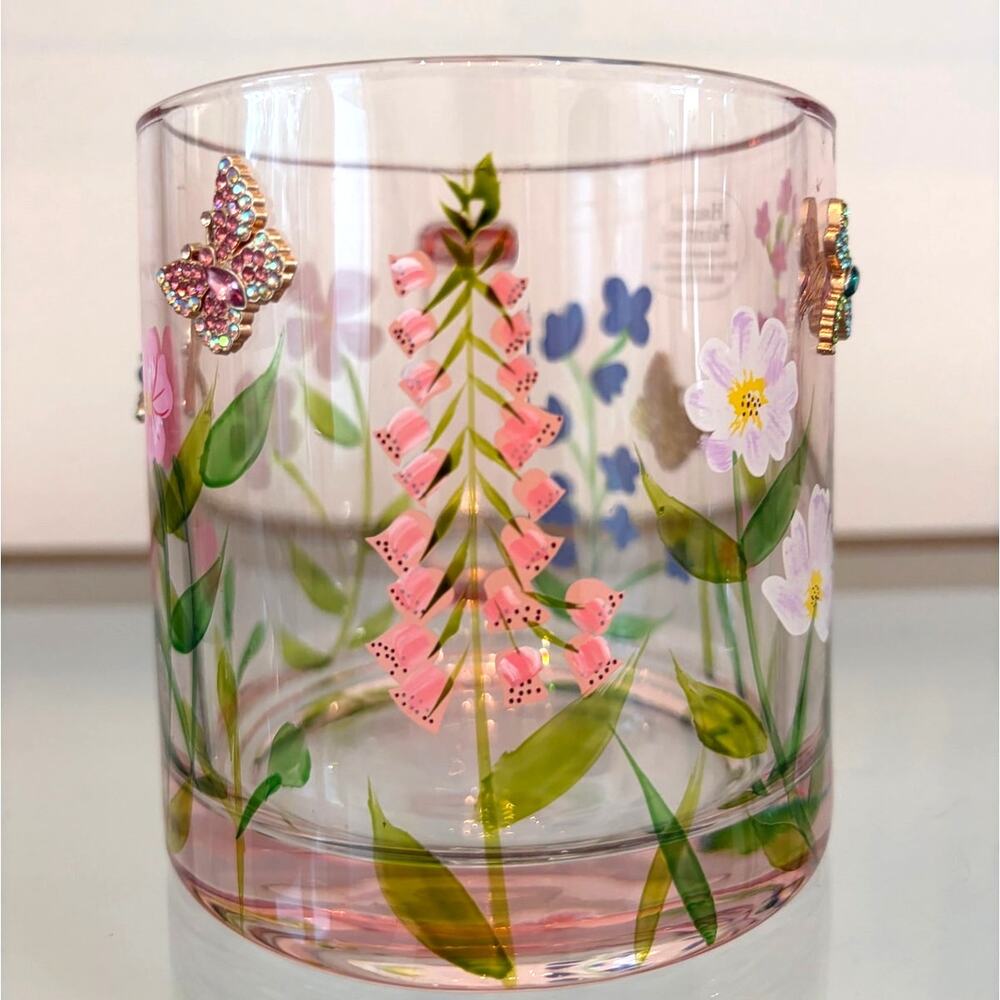 2pc Hand Painted & Jeweled Glass Mugs Multicolored Floral Butterfly NEW - Picture 11 of 15